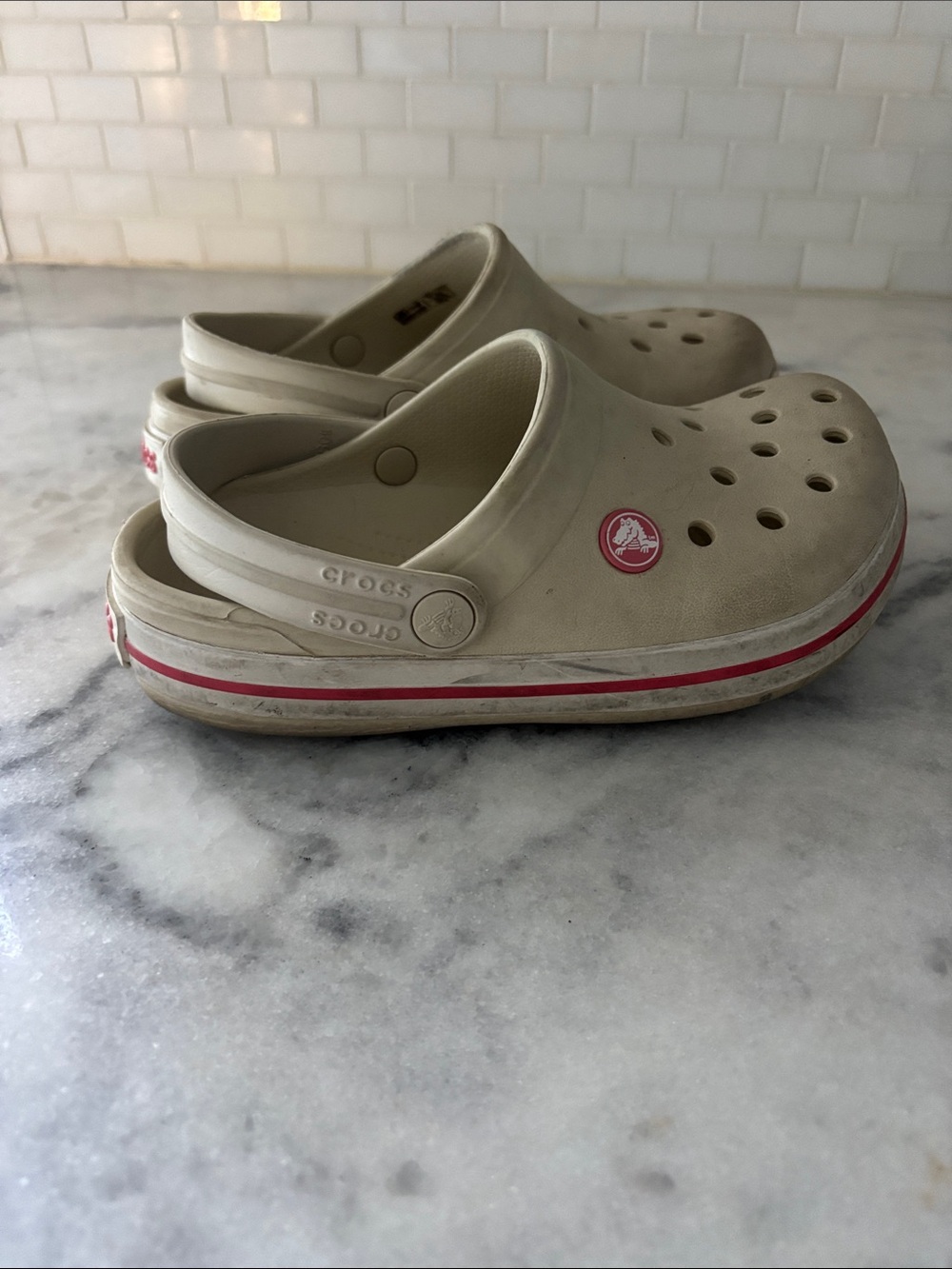 CROCS Kids Classic Clog in Light Beige with Pink Accent